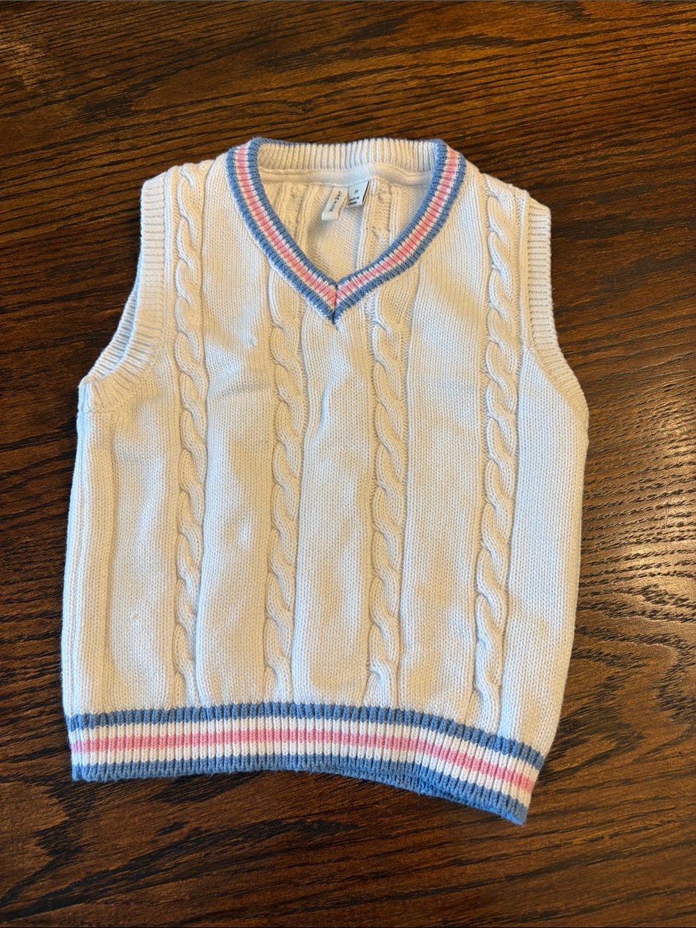Janie and Jack Cable Knit V-Neck Sweater Vest in Cream with Blue & Pink Trim 2T